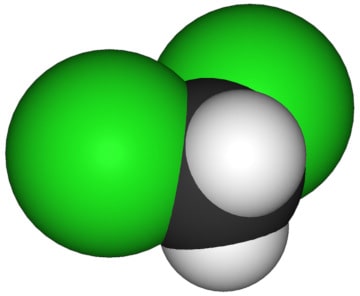 A 3D model of a methylene chloride molecule.