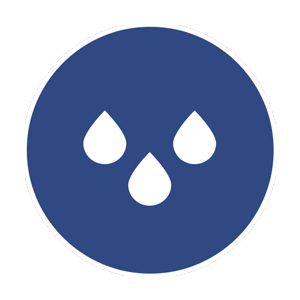 Blue circle icon with three drops of water to demonstrate leak testing.