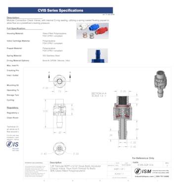 C V I S series modular check valve technical specification sheet and drawing samples.