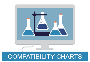Graphic of a computer with beakers representing chemical compatibility. Click to visit all of I S M compatibility charts.  