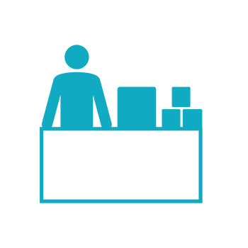 Light blue icon of person next to one large box and three small boxes.