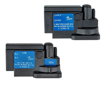 Two plastic components black in color with blue labels. 