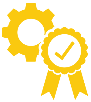 Yellow icon with gear wheel and blue ribbon icon with checkmark.
