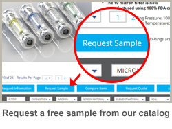 A color screen capture pointing out the Request Sample option on the Clear-VU catalog pages.