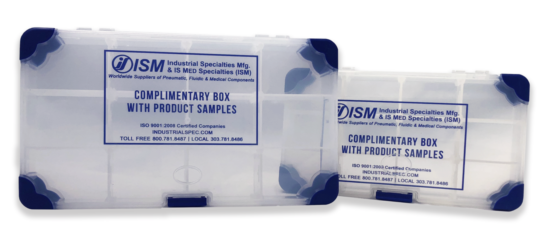 Image of clear plastic boxes linking to the ISM form to submit your request for a product sample box of various fittings, filters and valves.