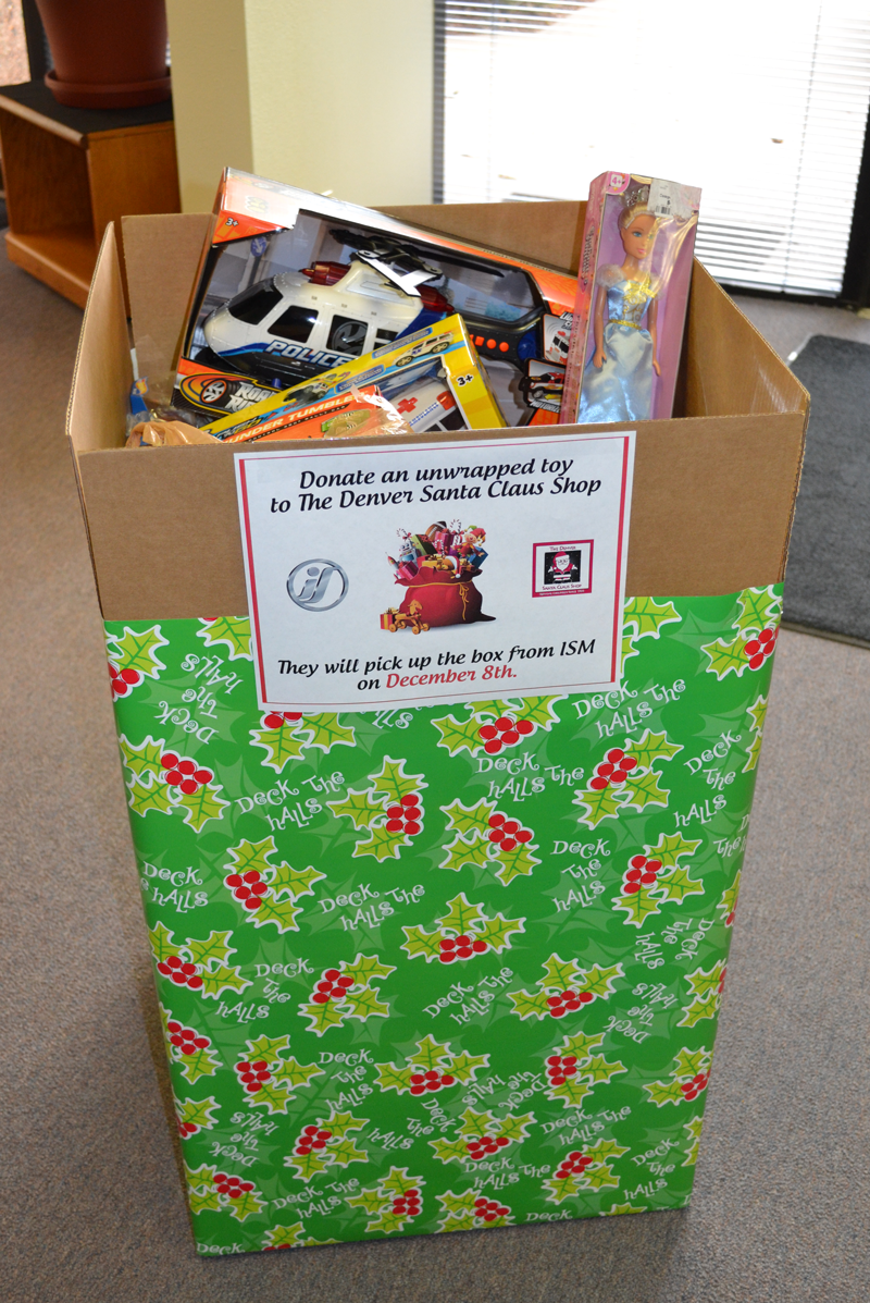 The ISM office donations box for the Denver Santa Claus Shop.