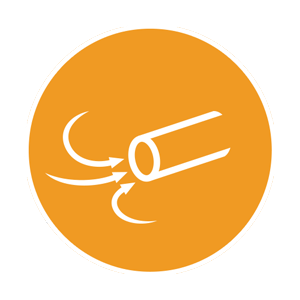 Orange circle icon with a tube drawing in air to demonstrate vacuum testing.
