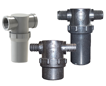 An assortment of inline strainers for fluid handling applications, including low profile, mini, and standard strainer filter bowls.